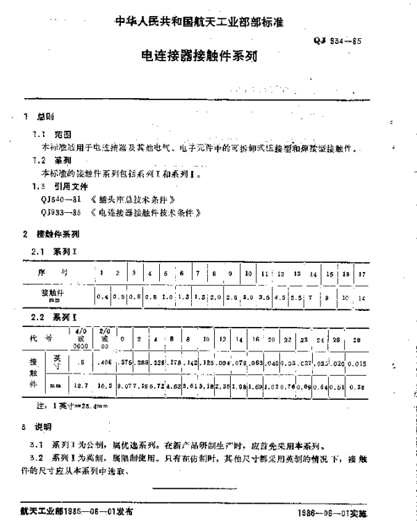 QJ 934-1985 电连接器接触件系列