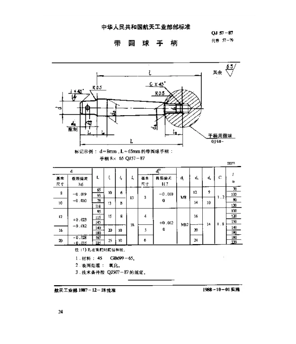 QJ 57-1987 通用零件 带圆球手柄