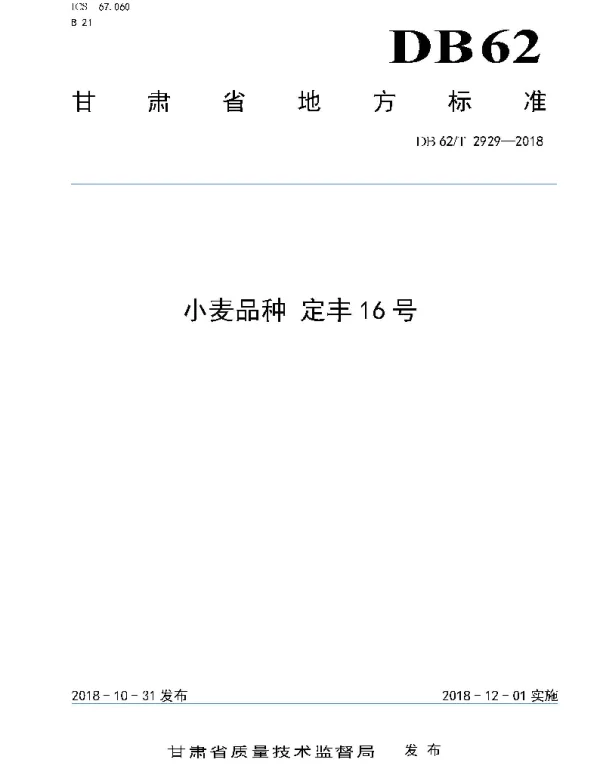 DB62T 2929-2018 小麦品种 定丰16 号
