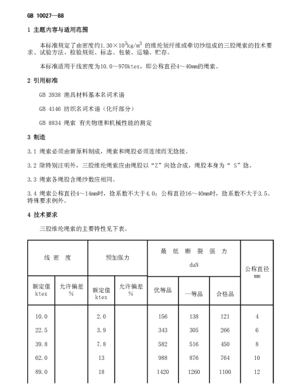 GB 10027-1988 三股维纶绳索