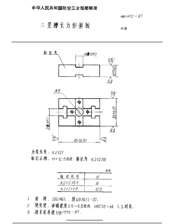 HB 1402-1987 二竖槽长方形垫板