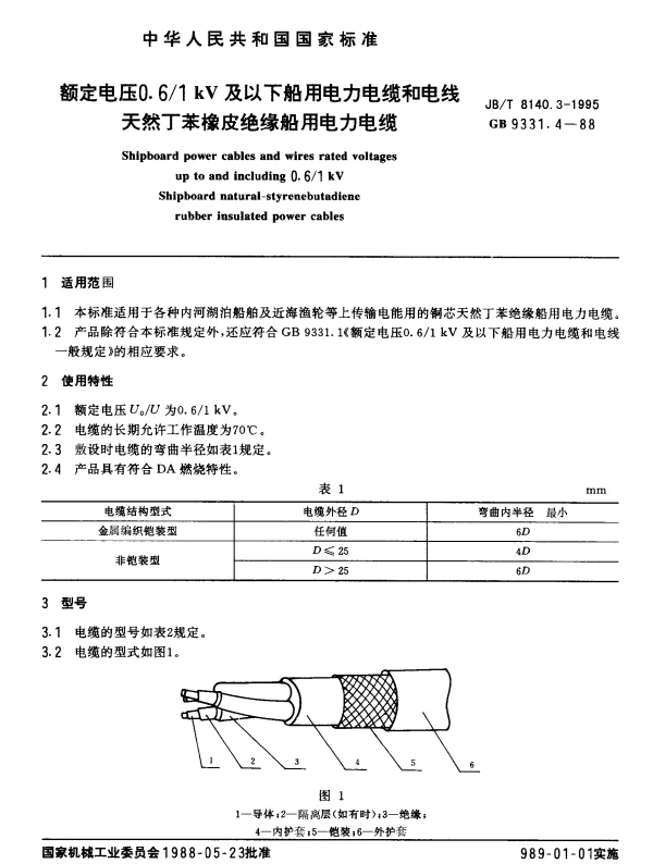 JBT 8140.3-1995额定电压0.6-1kV及以下船用电力电缆和电线天然丁苯绝缘船用电力电缆