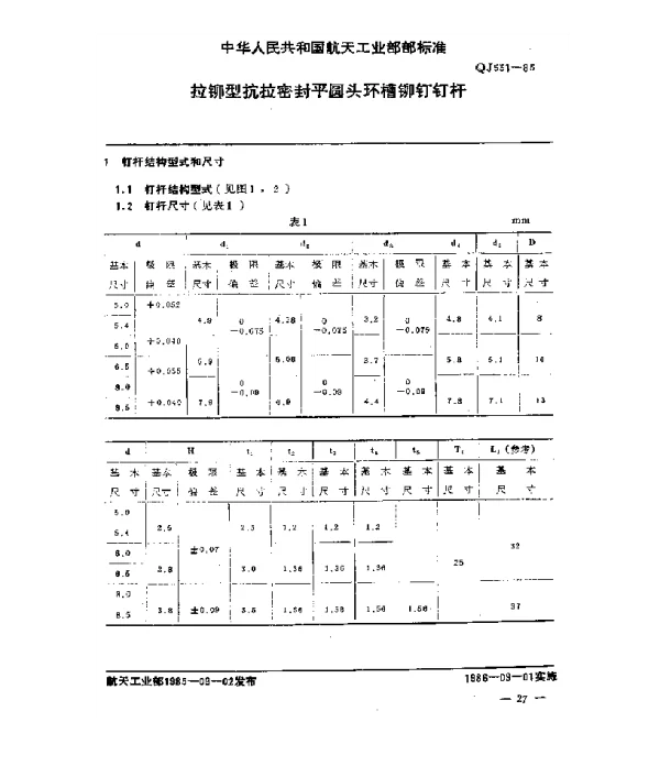 QJ 531-1985 拉铆型抗拉密封平圆头环槽铆钉钉杆