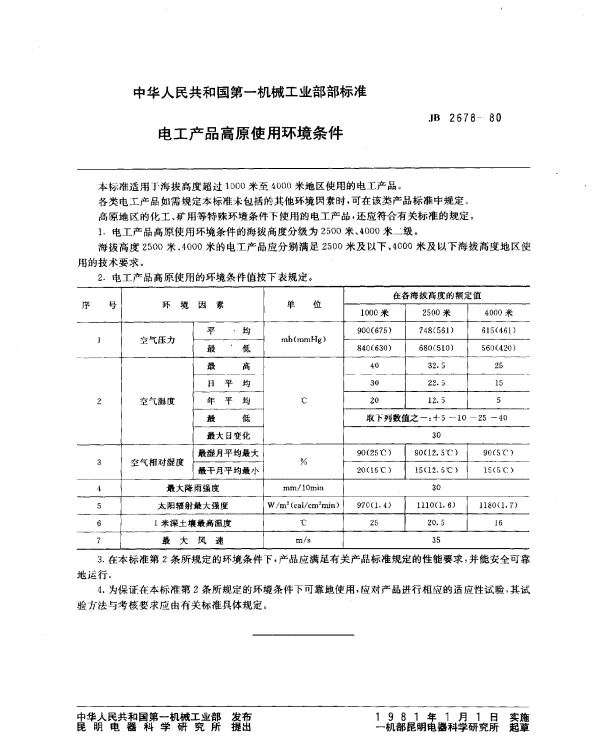JB 2678-1980 电工产品高原使用环境条件