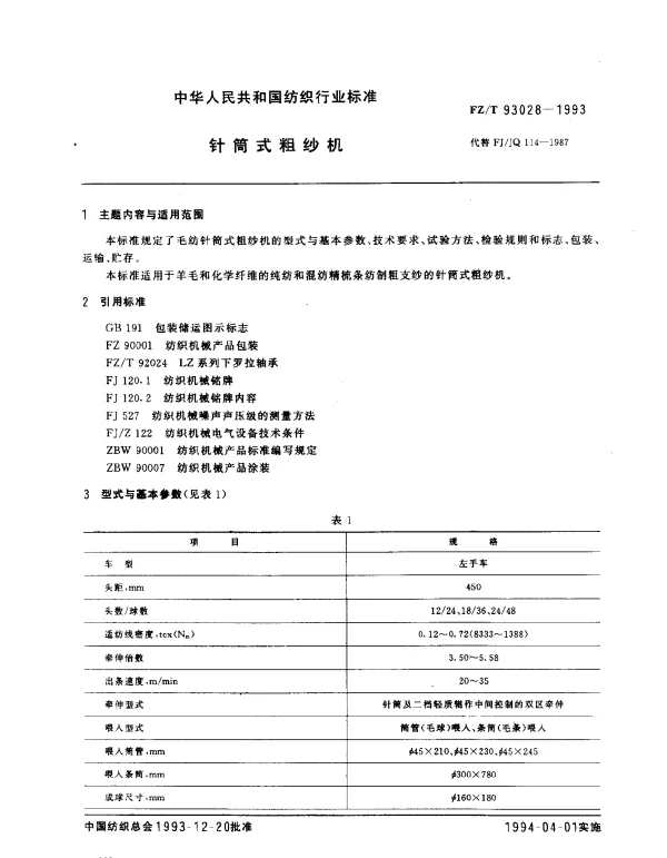 FZT 93028-1993 针筒式粗纱机
