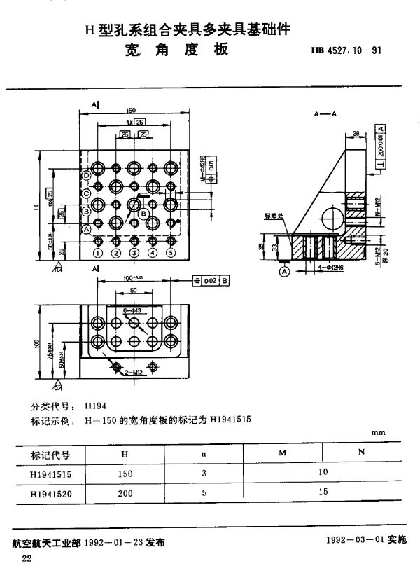 HB 4527.10-1991 H型孔系组合夹具多夹具基础件.宽角度板