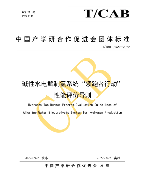 TCAB 0166-2022 碱性水电解制氢系统“领跑者行动”性能评价导则