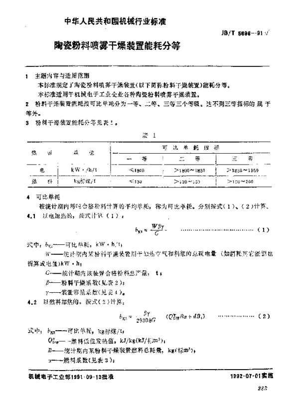 JBT 5696-1991 陶瓷粉料喷雾干燥装置 能耗分等