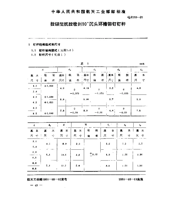 QJ 533-1985 拉铆型抗拉密封90°沉头环槽铆钉钉杆