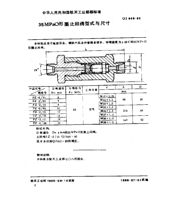 QJ 948-1985 35MPaO形圈止回阀型式与尺寸
