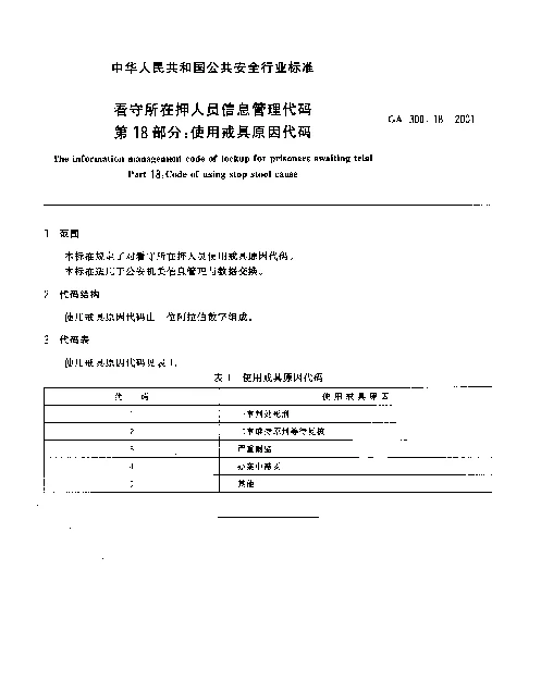 GA 300.18-2001 看守所在押人员信息管理代码.第18部分：使用戒具原因代码