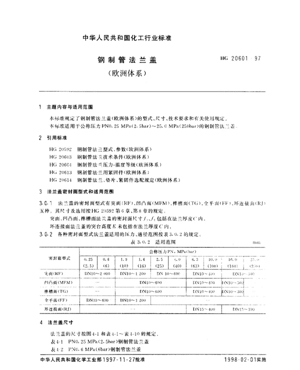HG 20601-1997 钢制管法兰盖(欧洲体系)