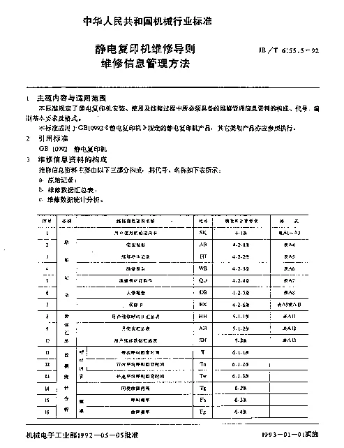 JBT 6155.5-1992 静电复印机维修导则维修信息管理方法