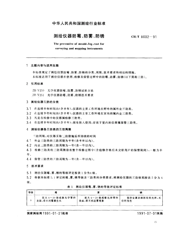 CHT 8002-1991 测绘仪器防霉、防雾、防锈