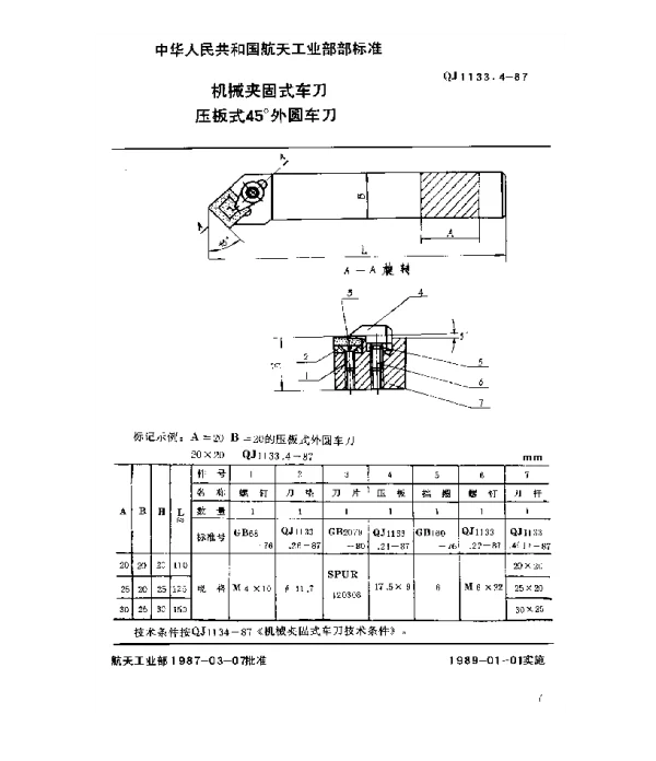 QJ 1133.4-1987 机械夹固式车刀 压板式45°外圆车刀