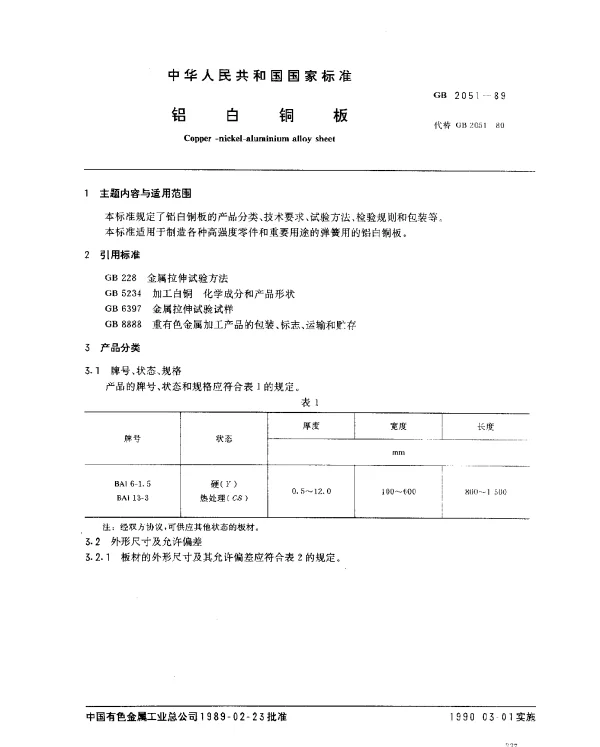 GB 2051-1989 铝白铜板