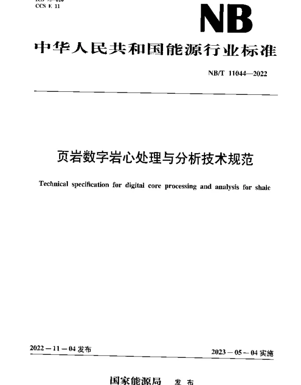 NBT 11044-2022 页岩数字岩心处理与分析技术规范
