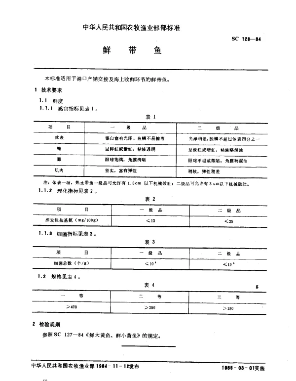 SC 128-1984 鲜带鱼