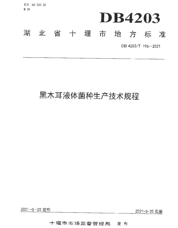 DB4203T 196-2021 黑木耳液体菌种生产技术规程