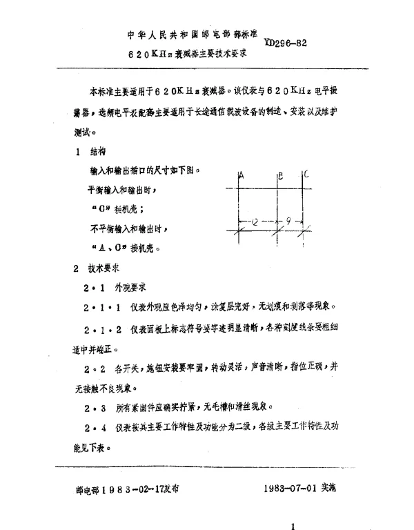 YD 296-1982 620 KHz衰减器主要技术要求