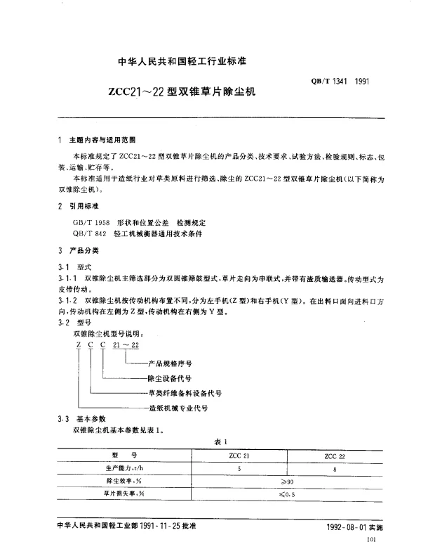 QBT 1341-1991 ZCC21~22型双锥草片除尘机
