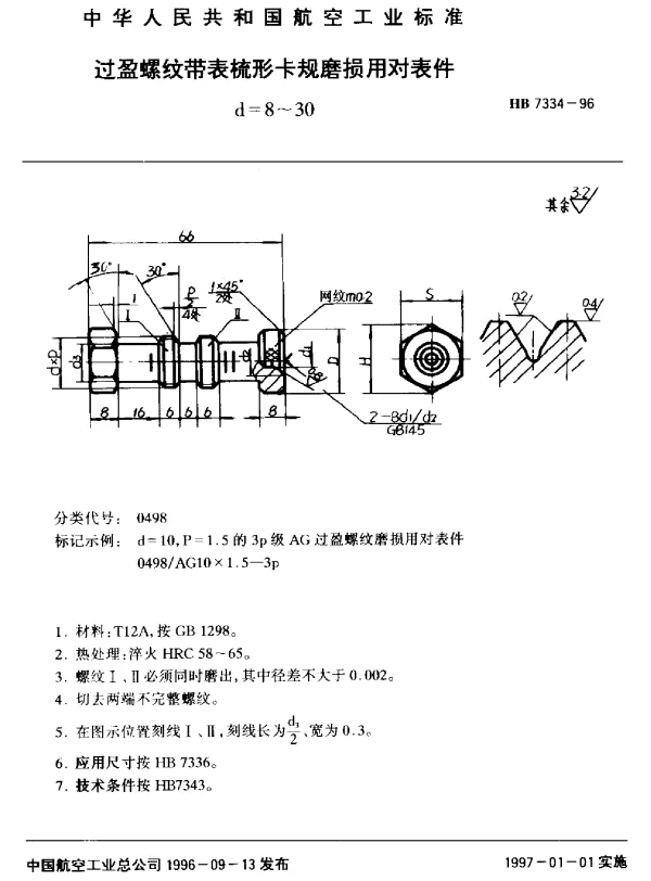 HB 7334-1996 过盈螺纹带表梳形卡规磨损用对表件.d=8~30