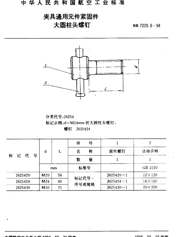 HB 7029.8-1994 夹具通用元件紧固件.大圆柱头螺钉