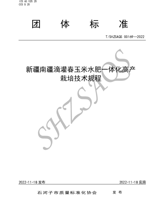 TSHZSAQS 00169-2022 新疆南疆滴灌春玉米水肥一体化高产栽培技术规程