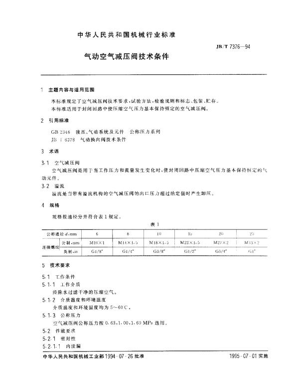 JBT 7376-1994 气动空气减压阀技术条件