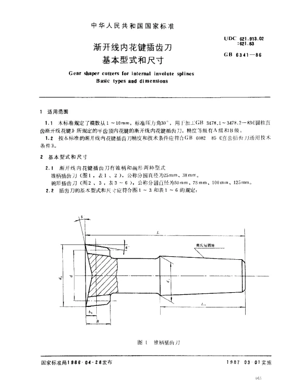 GB 6341-1986 渐开线内花键插齿刀 基本型式和尺寸