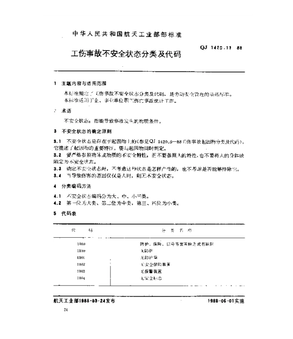 QJ 1420.11-1988 工伤事故分类及代码 工伤事故不安全状态分类及代码