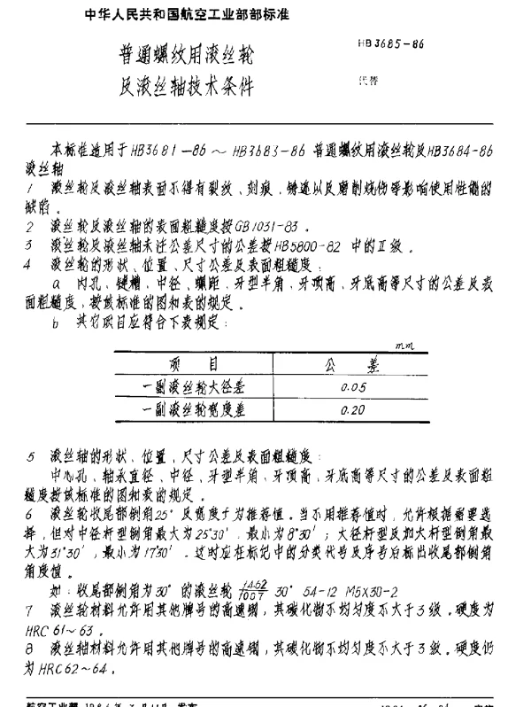 HB 3685-1986 普通螺纹用滚丝轮及滚丝轴技术条件
