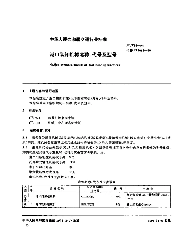 JTT 88-1994 港口装卸机械名称、代号及型号