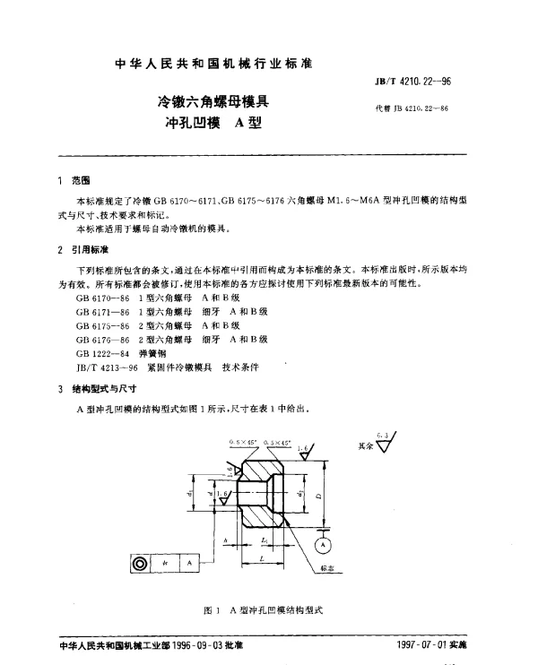 JBT 4210.22-1996 冷镦六角螺母模具.冲孔凹模.A型