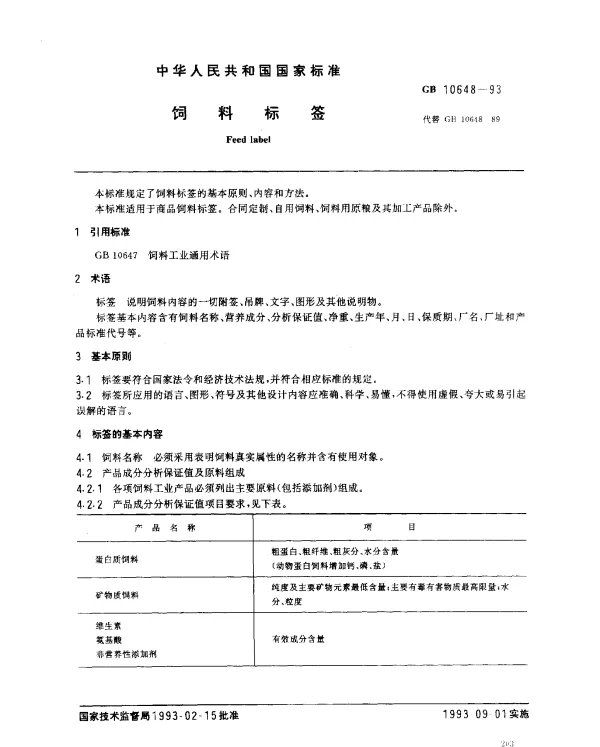 GB 10648-1993 饲料标签