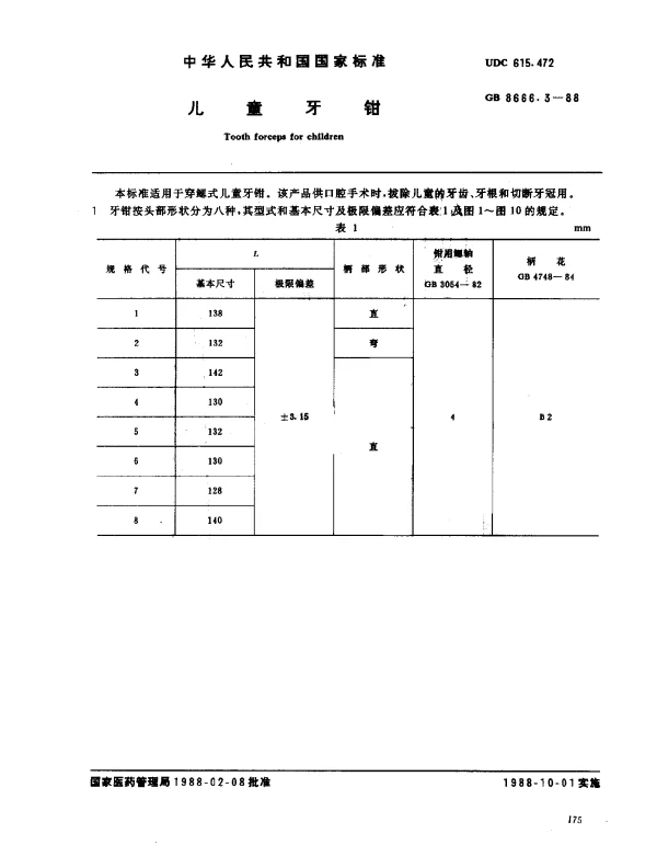 GB 8666.3-1988 儿童牙钳