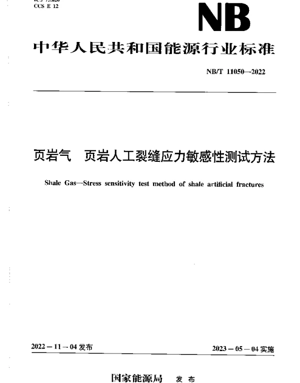 NBT 11050-2022 页岩气 页岩人工裂缝应力敏感性测试方法