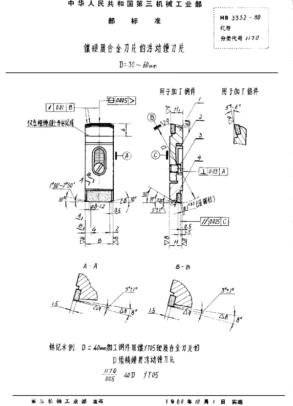 HB 3332-1980 镶硬质合金刀片的浮动镗刀片 D=30~60mm