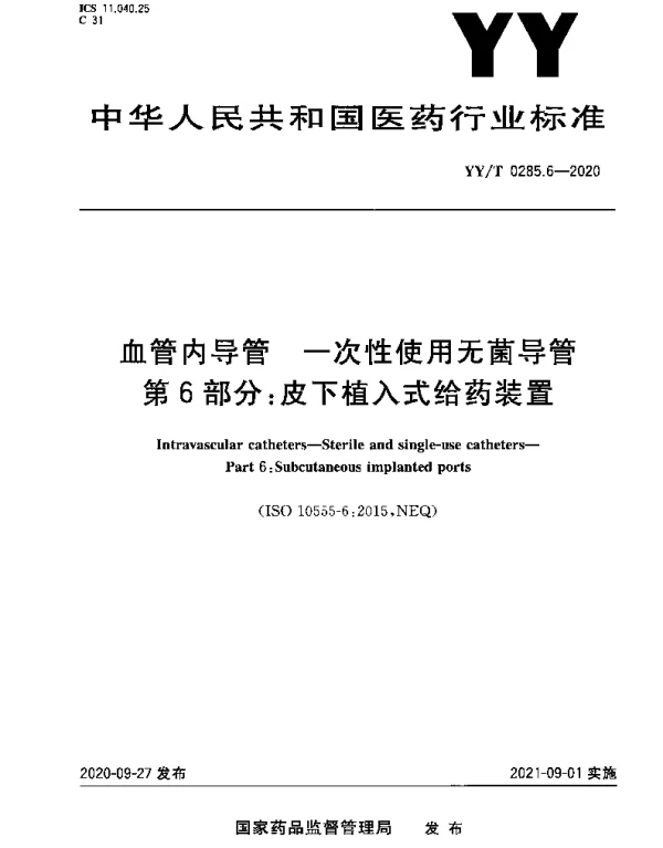 YYT 0285.6-2020 血管内导管 一次性使用无菌导管 第6部分:皮下植入式给药装置