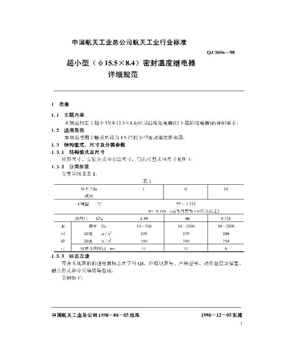 QJ 3056-1998 超小型(A15.5×8.4)密封温度继电器详细规范
