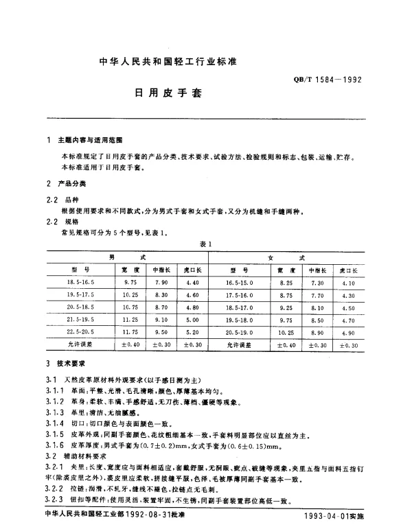 QBT 1584-1992 日用皮手套