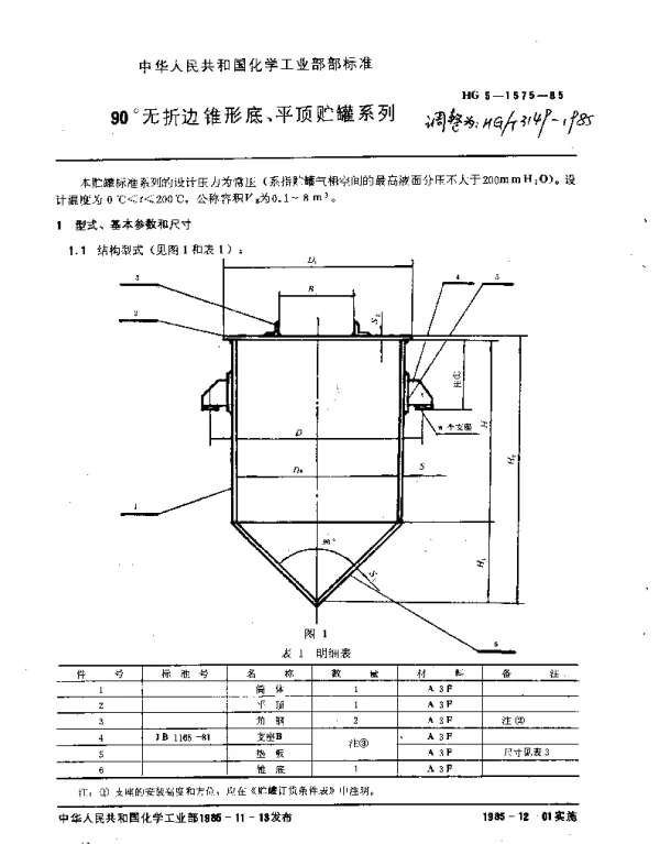 HGT 3149-1985 90°无折边锥形底、平顶贮罐系列