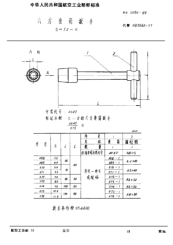 HB 3060-1989 六方套筒扳手 S=3.2~11