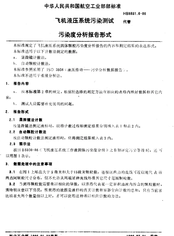 HB 5931.6-1986 飞机液压系统污染测试污染度分析报告形式
