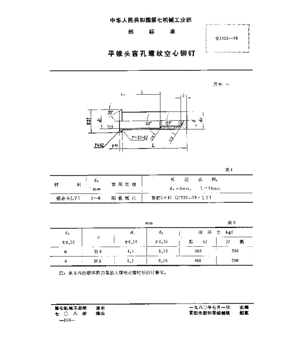 QJ 323-1978 平锥头盲孔螺纹空心铆钉