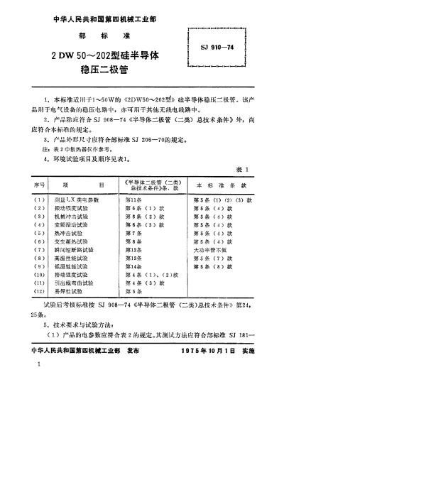 SJ 910-1974 2DW50～202型硅半导体稳压二极管（暂行）