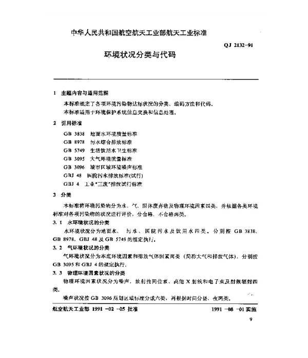 QJ 2132-1991 环境保护系统数据元 环境状况分类与代码