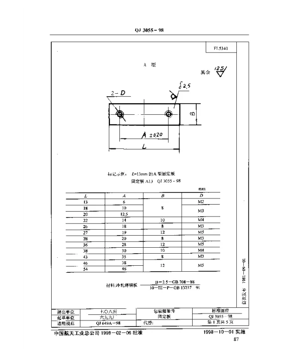 QJ 3055-1998 包装箱附件 固定板