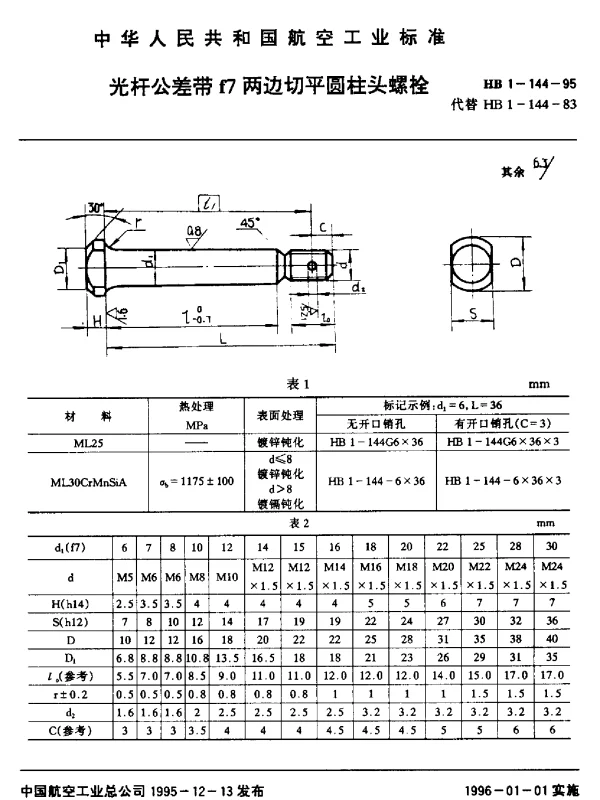 HB 1-144-1995 光杆公差带f7两边切平圆柱头螺栓