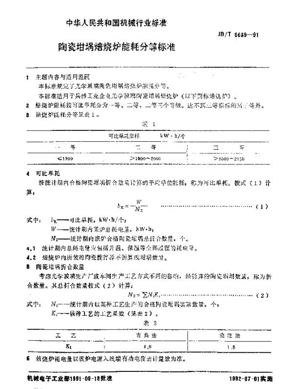 JBT 5639-1991 陶瓷坩埚焙烧炉能耗分等标准